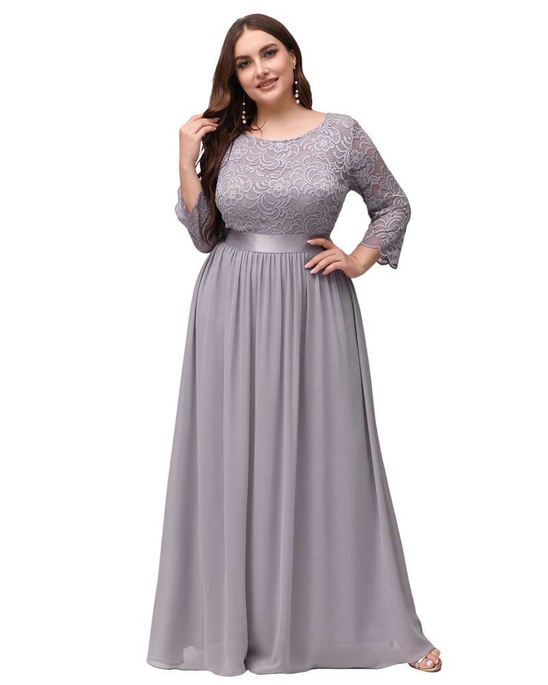 Side of a model wearing a size 14 See-Through Floor Length Lace Evening Dress in Grey by Ever-Pretty. | dia_product_style_image_id:291281